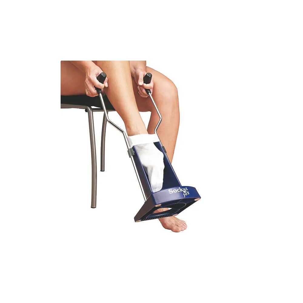 An- und Ausziehhilfe für Kompressionsstrümpfe mit Haltestangen