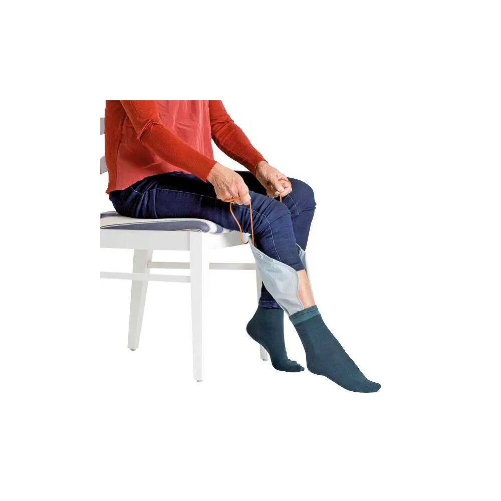 Socken- und Strumpfanziehhilfe mit Bändern
